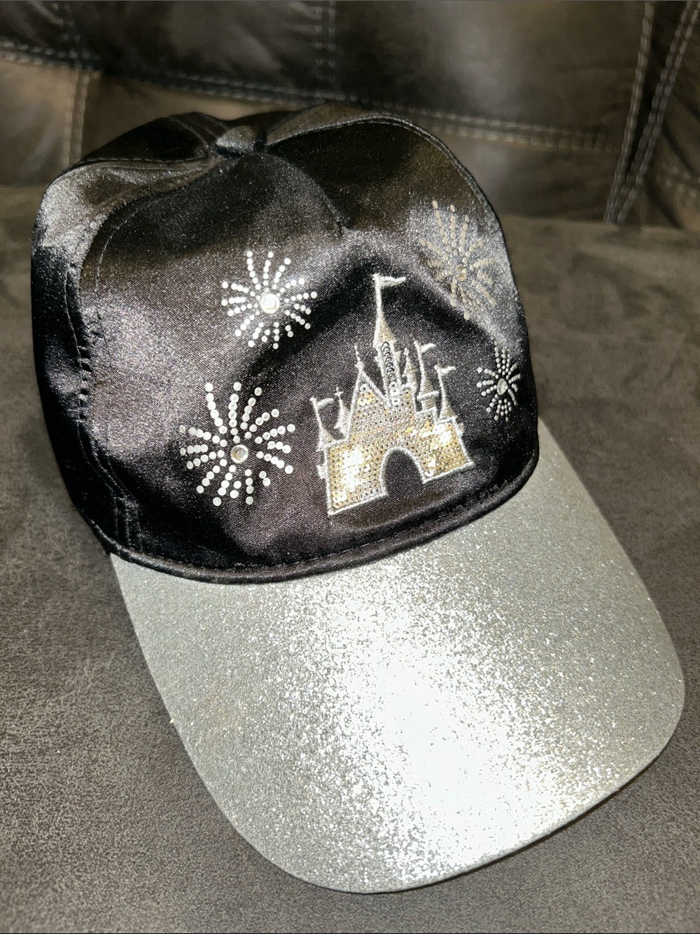 Walt Disney World Parks Sparkle Glitter Sequin Castle Fireworks Black Silver Cap